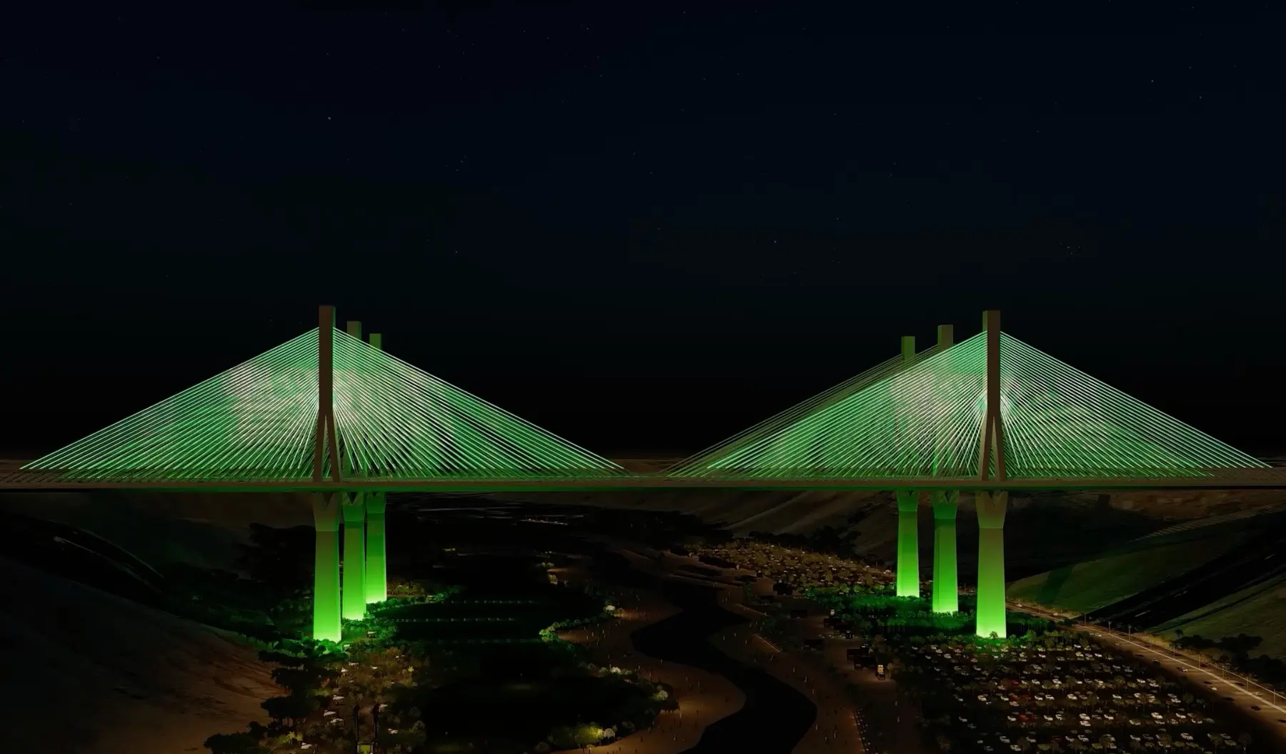 Wadi Laban Bridge illuminated at night in Riyadh